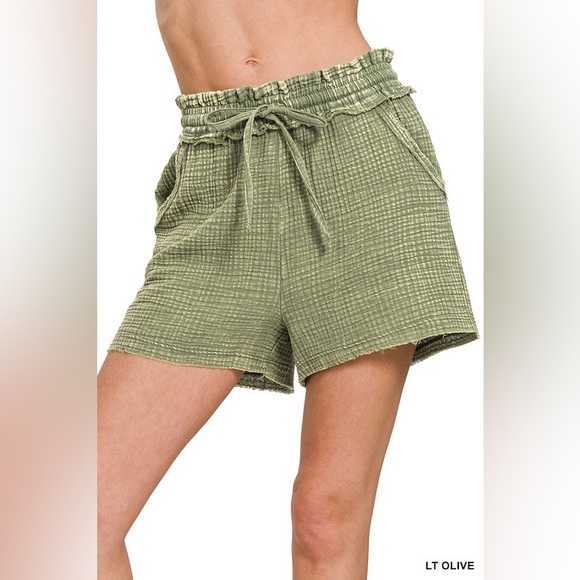 Zenana Outfitters Pants - Zenana Olive Washed Double Gauze Frayed Hem Drawstring Shorts